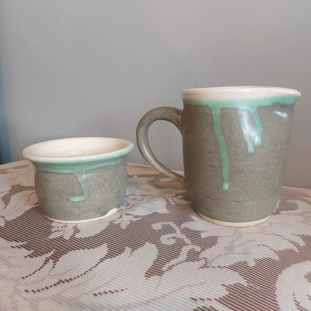 Overman Studio Pottery Cream and Sugar Set Sage Mint Green Drip Glaze Signed